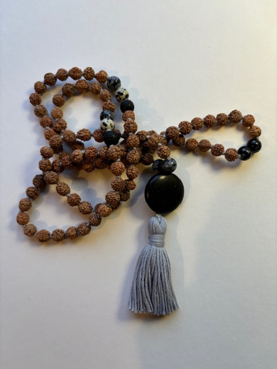 Mala Beads (108) Rudraksha with Snowflake Obsidian, Lavastone, Dalmatian Jasper