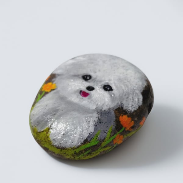 Hand-Painted Pebble with White Poodle 