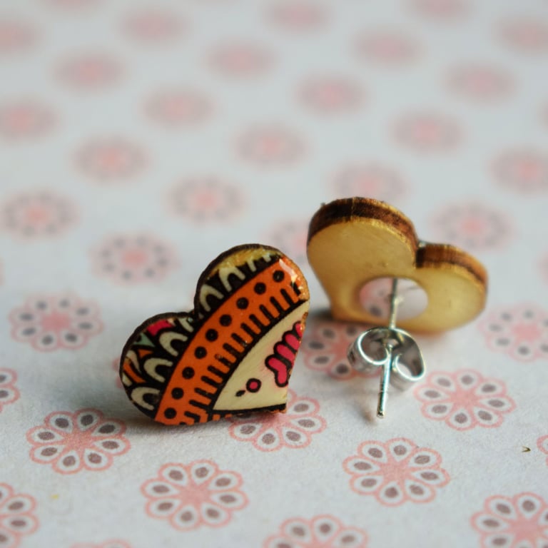 Small Wooden Heart Stud Earrings with Paisley Design and Stainless Steel Posts