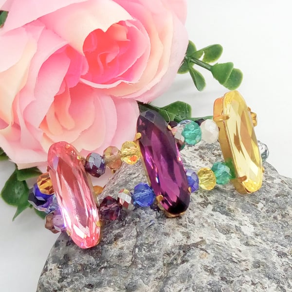 Crystal Element Baguettes and Multi Coloured Glass Crystals Bracelet