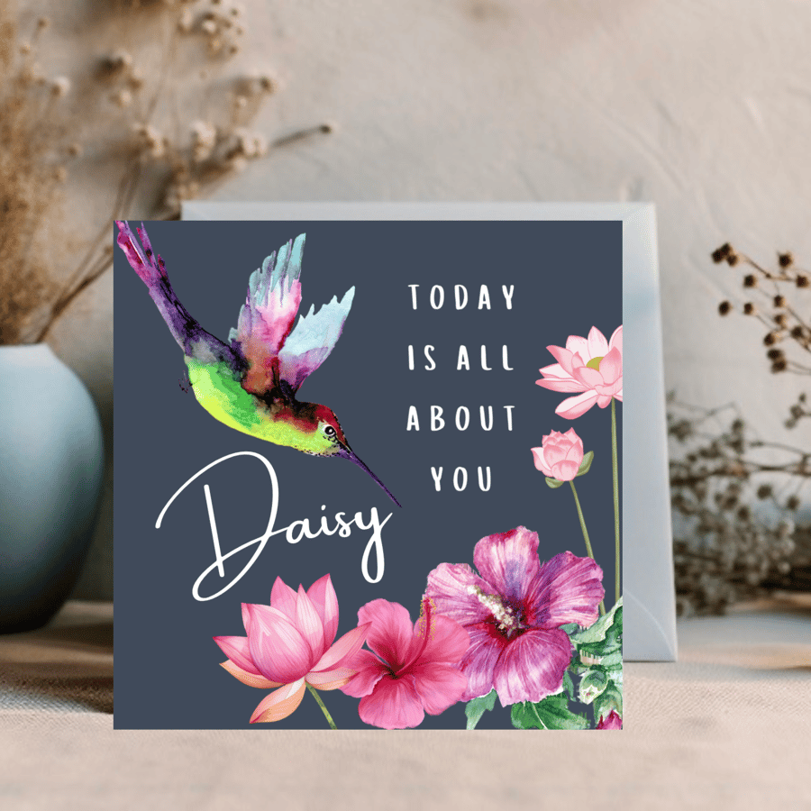 Vibrant watercolour print of flowers and bird, personalise for your own name