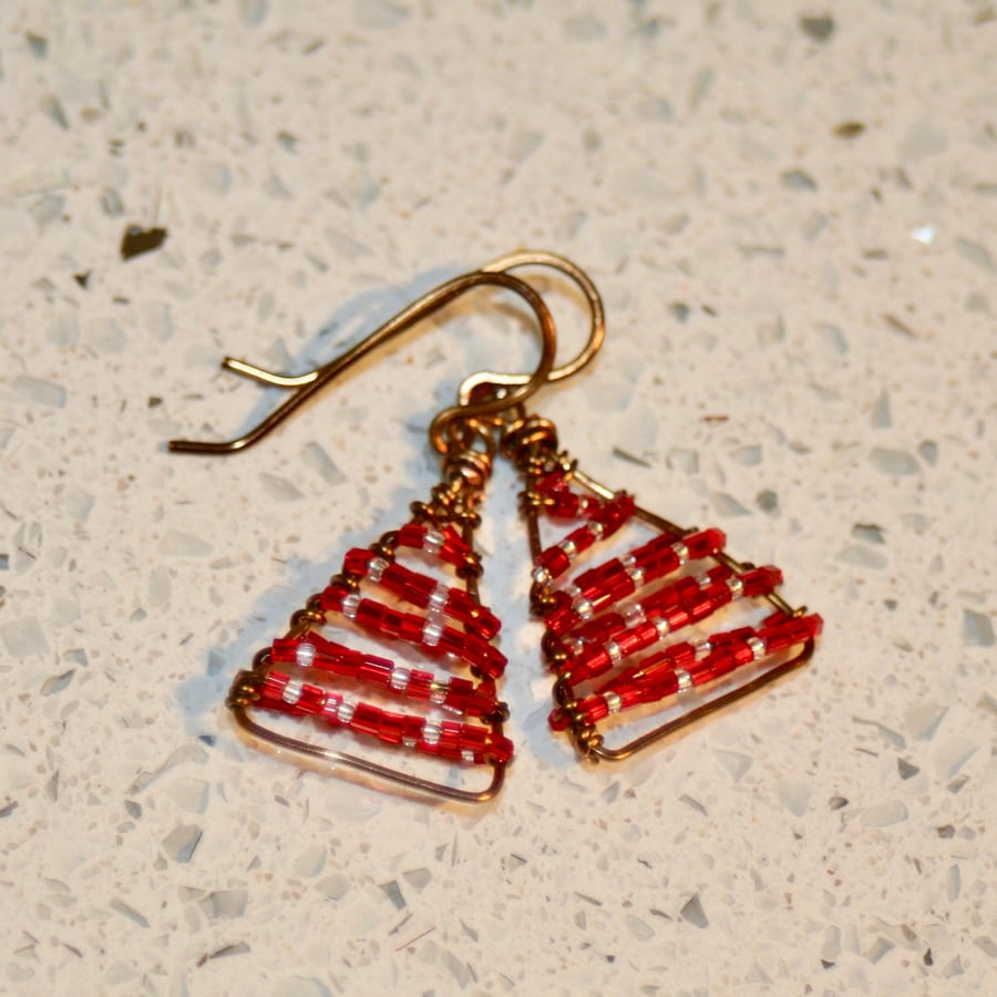 Wire-wrapped Christmas tree earrings, red and silver
