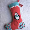 Christmas Stocking quilted with hand appliqued penguin - large