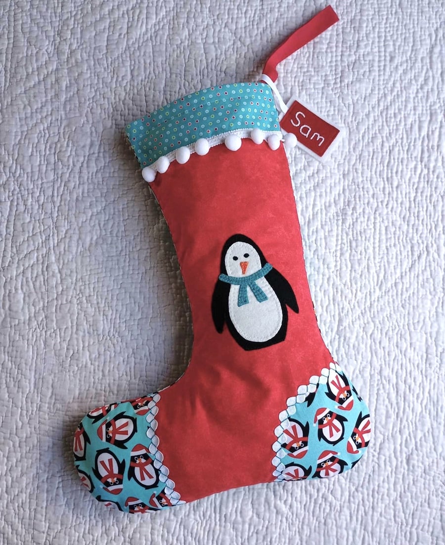 Christmas Stocking quilted with hand appliqued penguin - large