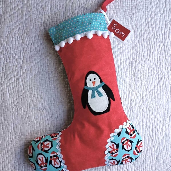 Christmas Stocking quilted with hand appliqued penguin - large