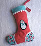 Christmas Stocking quilted with hand appliqued penguin - large - Image 1