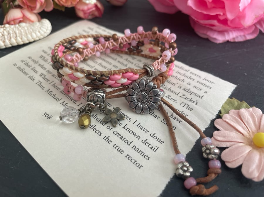 Bracelet, Wrap beaded leather cuff bracelet