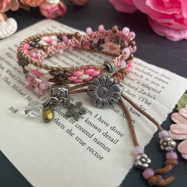 Bracelet, Wrap beaded leather cuff bracelet