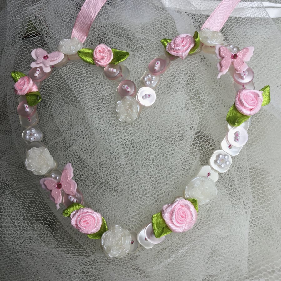 Pink Wire Button Hanging Heart