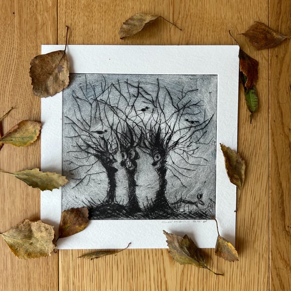 Three old friends -  Dry Point Etching - made in Yorkshire