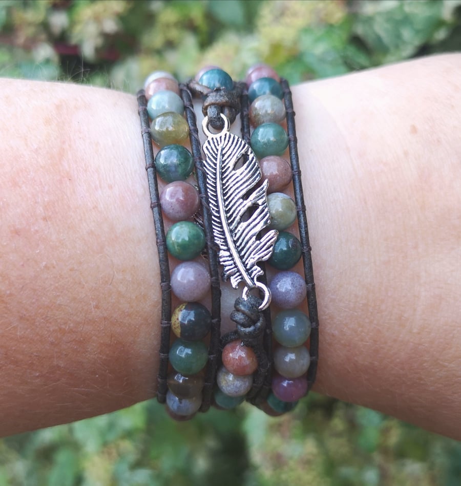 Rainbow jasper and leather bracelet with feather connector and flower button 