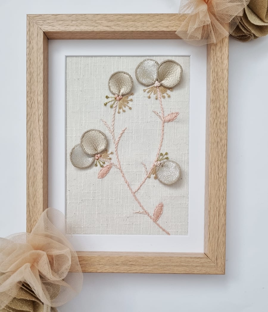 SALE Hand embroidered floral wall art in wooden frame