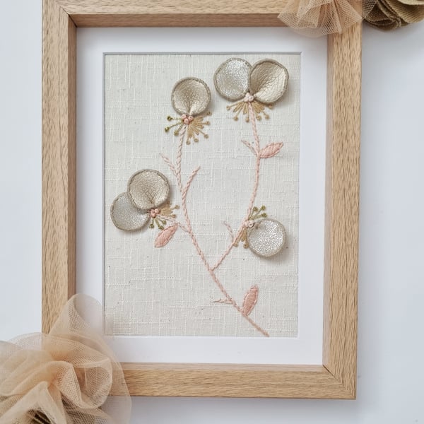 SALE Hand embroidered floral wall art in wooden frame