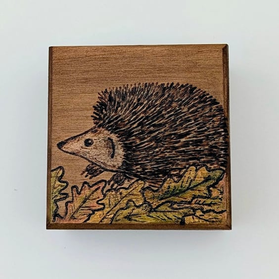 Small wooden box,  pyrography hedgehog, ring or trinket box for a nature lover