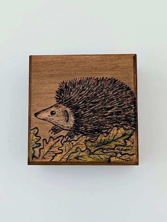 Small wooden box,  pyrography hedgehog, ring or trinket box for a nature lover