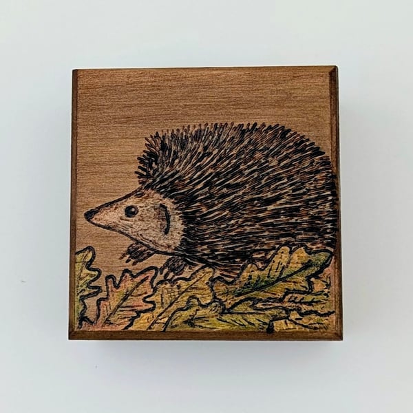 Small wooden box,  pyrography hedgehog, ring or trinket box for a nature lover