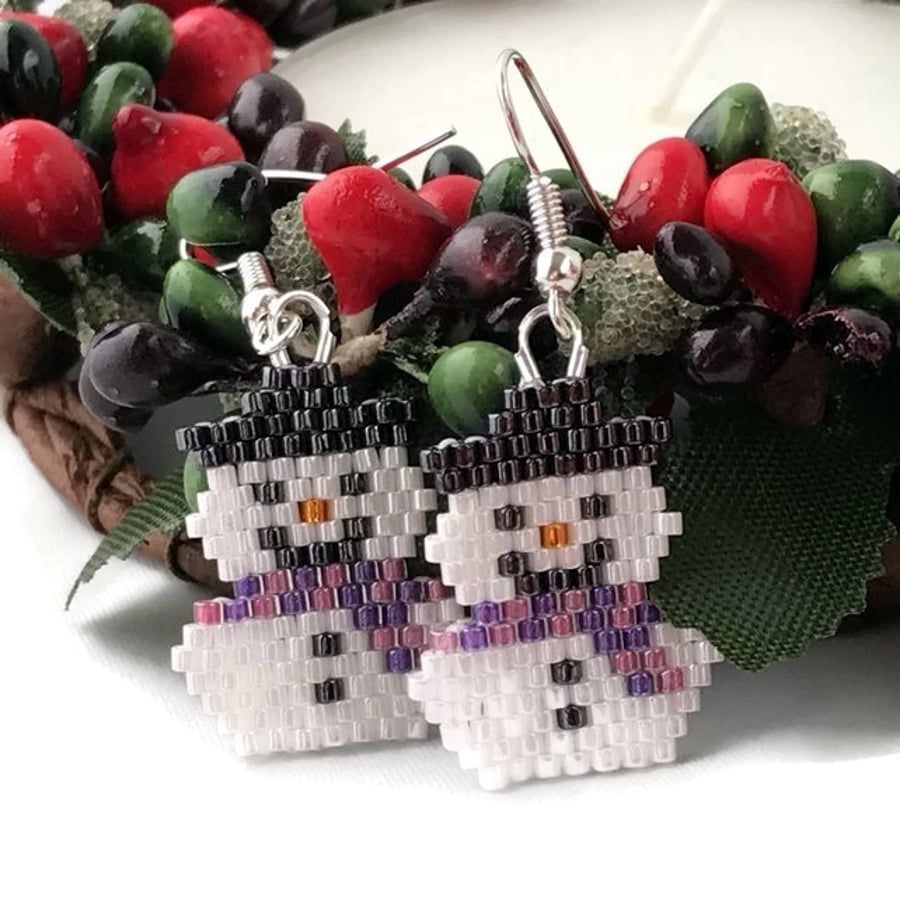 Bead Weave Snowmen Earrings With Pink & Purple Scarves