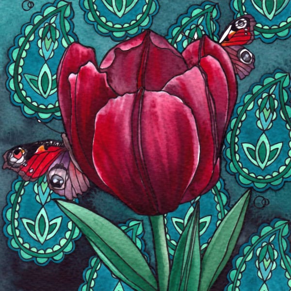 Nouveau Paisley Tulip Design Greeting Card