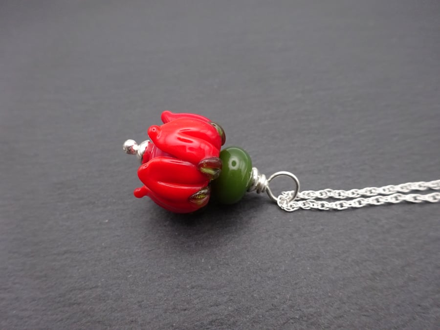 lampwork glass red rose necklace pendant, sterling silver chain