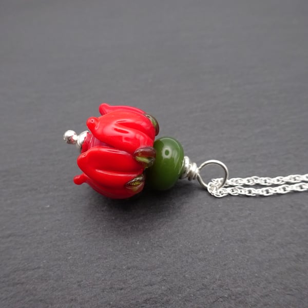 lampwork glass red rose necklace pendant, sterling silver chain
