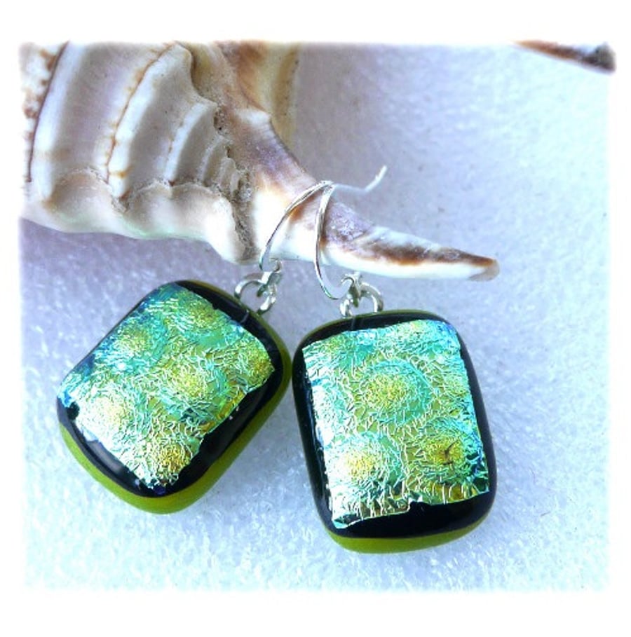RESERVED Handmade Fused Dichroic Glass Earrings T014 Green Gold Shimmer