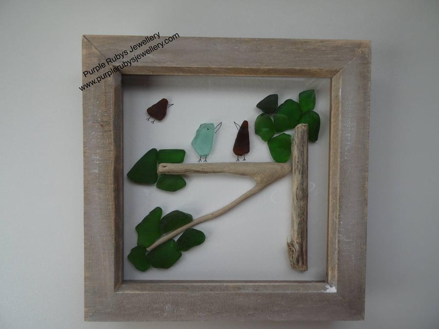 Birds in the Trees Picture P109 Sea Glass Driftwood