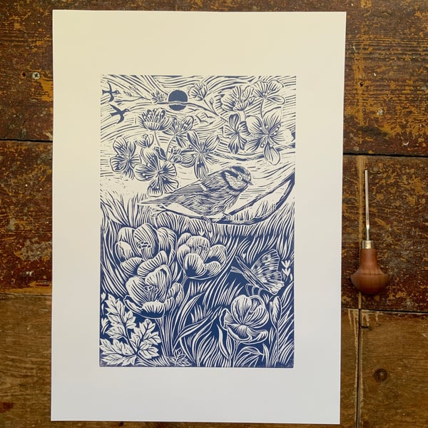 Linocut Print - Blue tit, blossom, crocus and butterfly - Handprinted Linocut - 