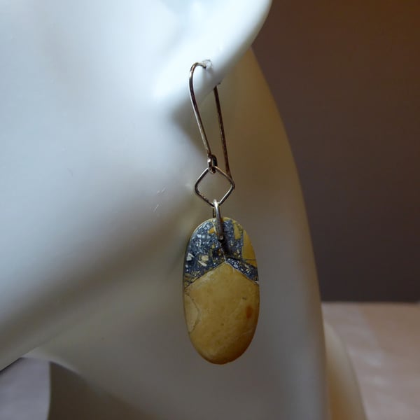 Pair of Sterling Silver & Oval Maligano Jasper Gemstone Earrings