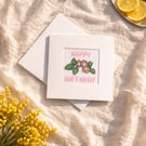 Hand Embroidered Happy Birthday Card - Cross Stitch Floral Design - Pink Flowers