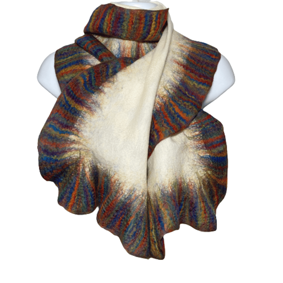 White merino wool nuno felted scarf with rainbow ruffled border