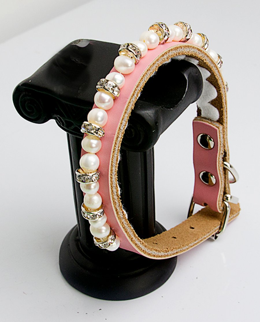 Genuine Pink Leather Freshwater Pearl and Rhinestone Crystal Beads Dog Collar
