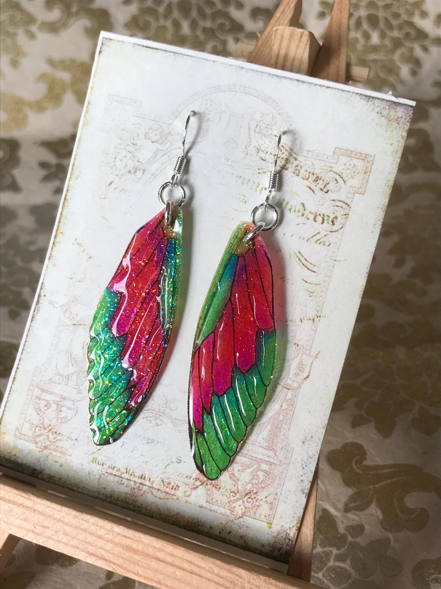 Orange Pink and Green Fairy Wing Sterling Silver Earrings