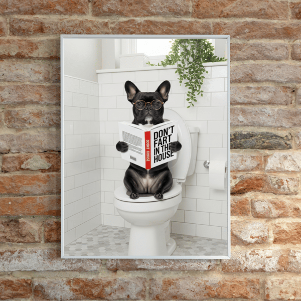 Funny French bulldog sat on the loo  reading a book A4 print