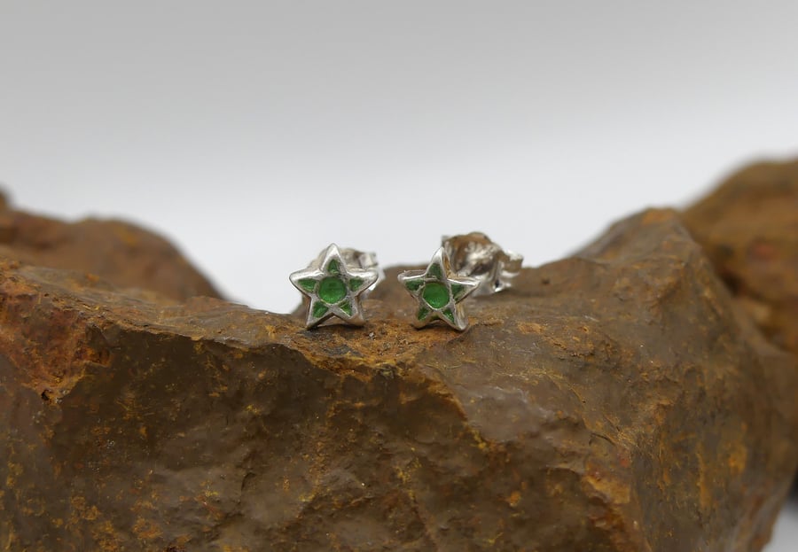 Recycled Sterling Silver Pentagram Stud Earrings with a Green Patina.