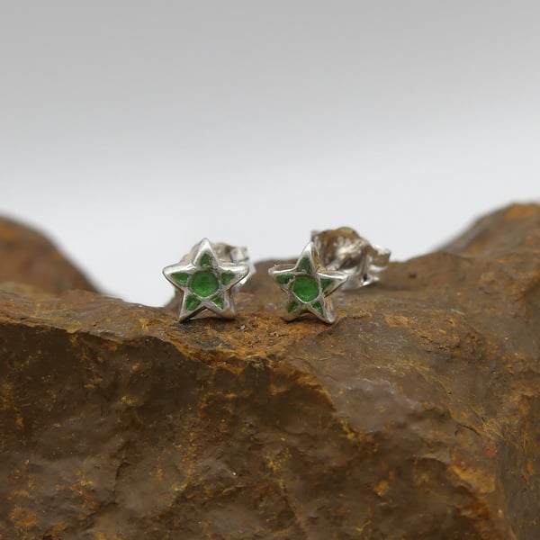 Recycled Sterling Silver Pentagram Stud Earrings with a Green Patina.
