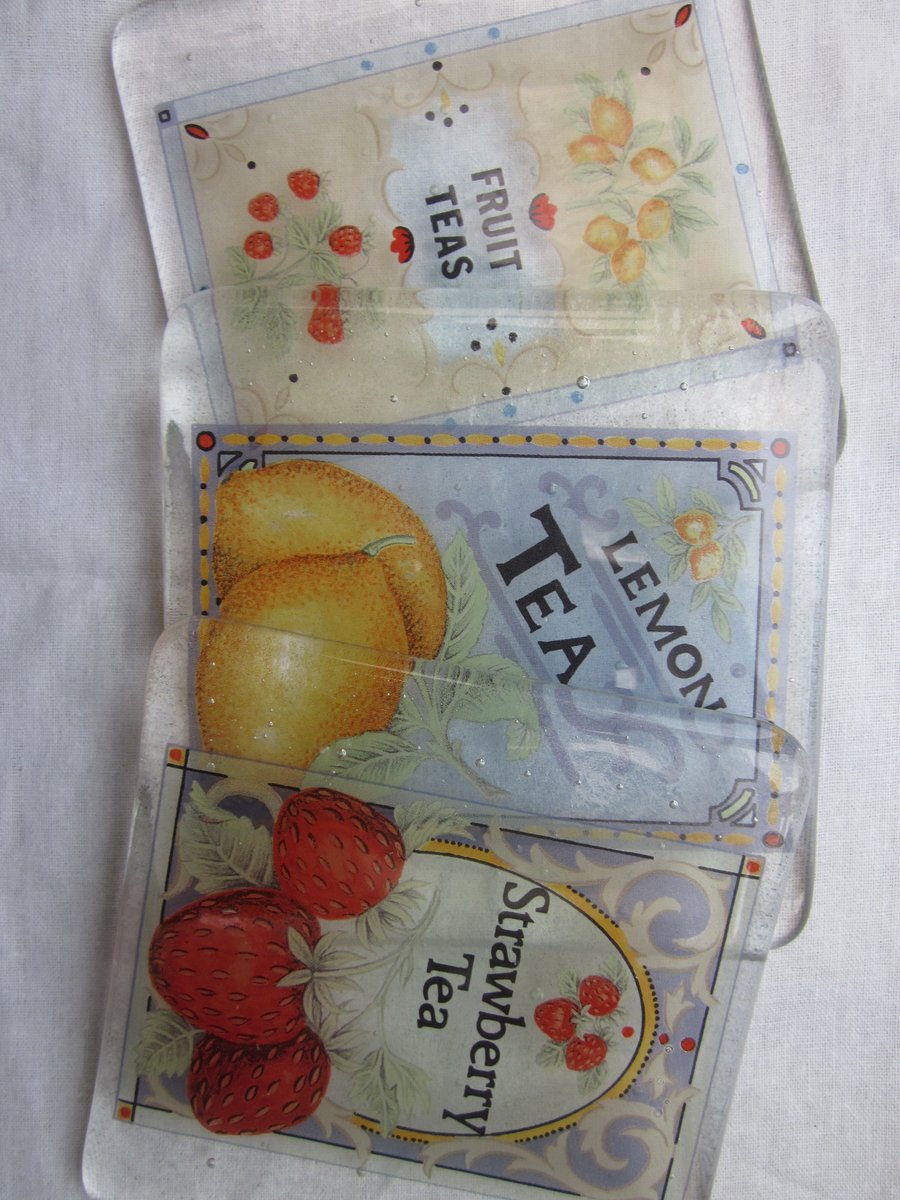  Set of handmade fused glass coasters - strawberry and lemon fruit teas