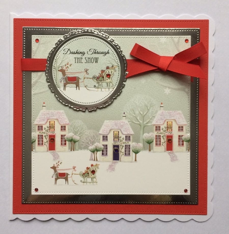 Christmas Card Dashing Through the Snow Village 3D Luxury Handmade Card