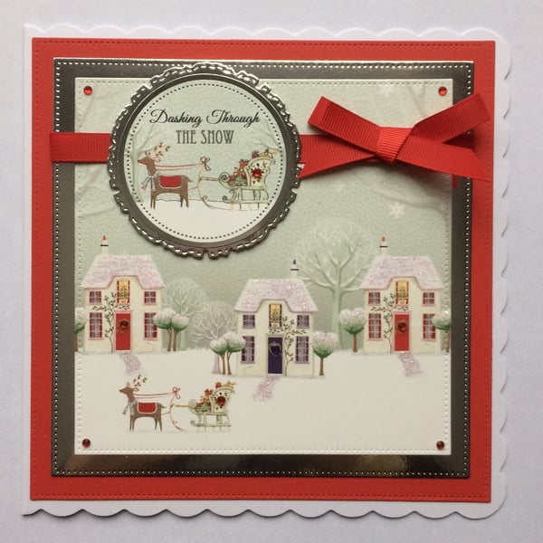 Christmas Card Dashing Through the Snow Village 3D Luxury Handmade Card