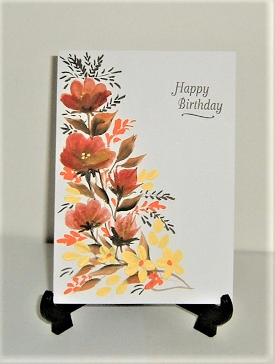 original art hand painted autumn shades floral Birthday card ( ref F 675)