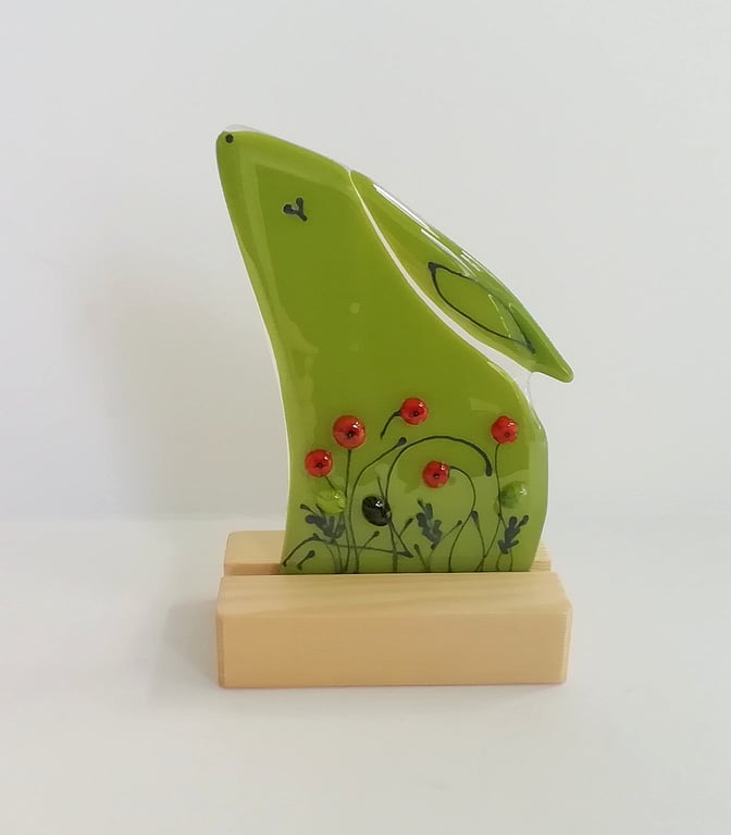 Poppy moongazing hare, remembrance hare, fused glass, November gift, glass art. 