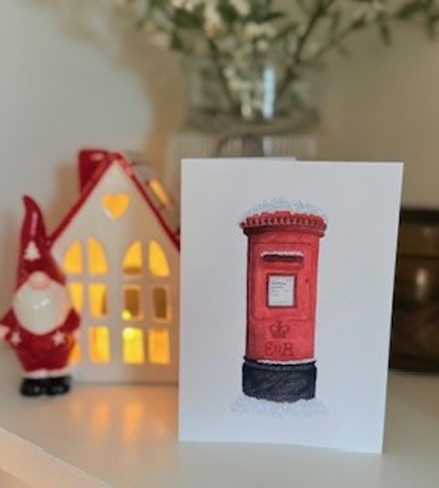 A6 Christmas Cards, Red British Post box Hand Glittered