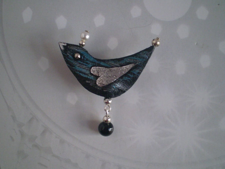 "Drift" Bird Brooch in recycled Leather.