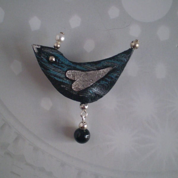 "Drift" Bird Brooch in recycled Leather.