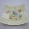 Handmade fused glass candy bowl - blue tit on cream