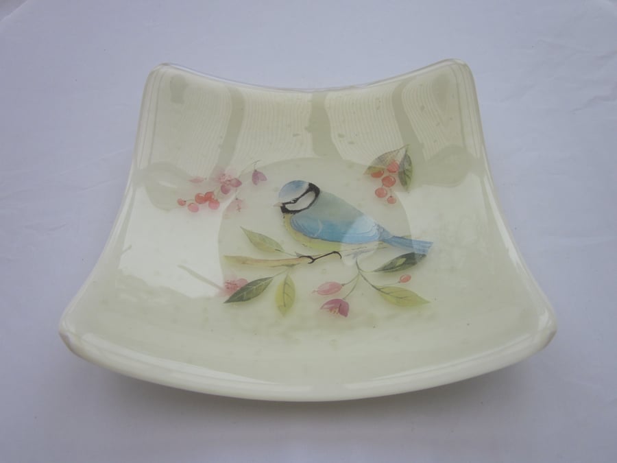 Handmade fused glass candy bowl - blue tit on cream