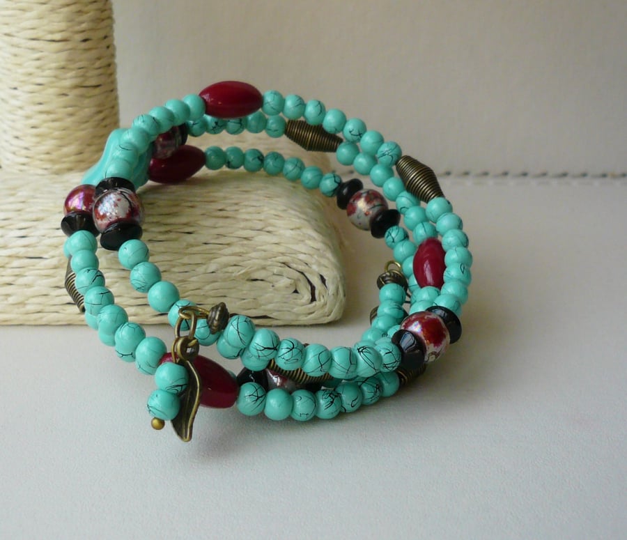 Turquoise Red and Black Antique Bronze Memory Wire Wrap Around Bracelet  KCJ1841