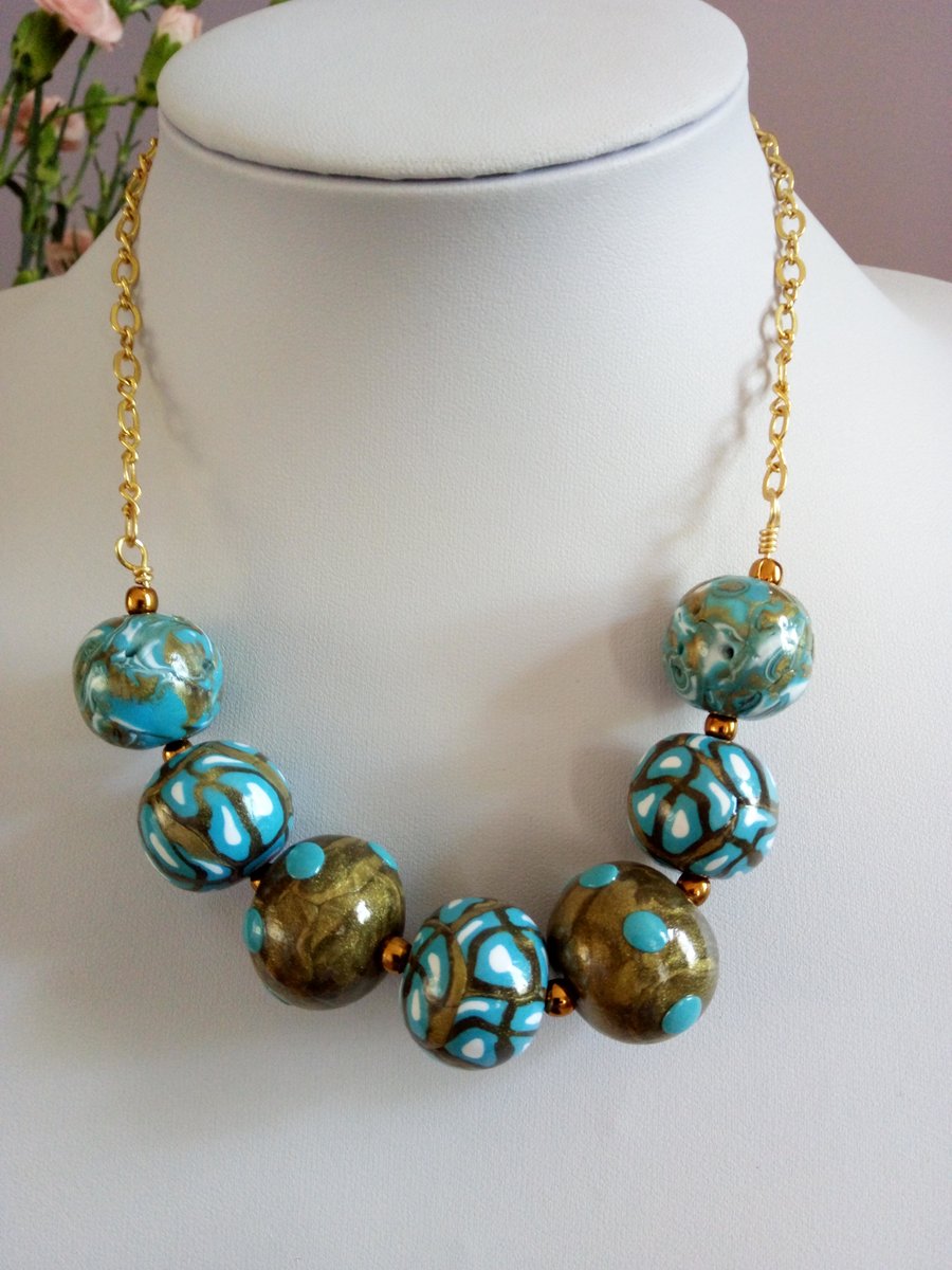 ANTIQUE GOLD AND TURQUOISE NECKLACE - POLYMER CLAY NECKLACE - FREE UK  SHIPPING 