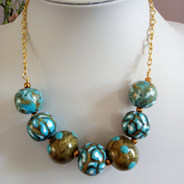 ANTIQUE GOLD AND TURQUOISE NECKLACE - POLYMER CLAY NECKLACE - FREE UK  SHIPPING 