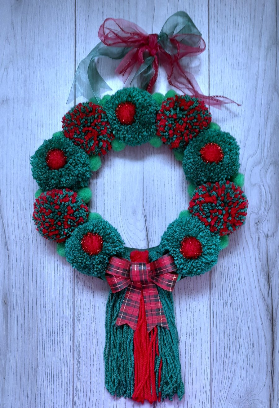 Green and Red Christmas Pom Pom Pom Wreath