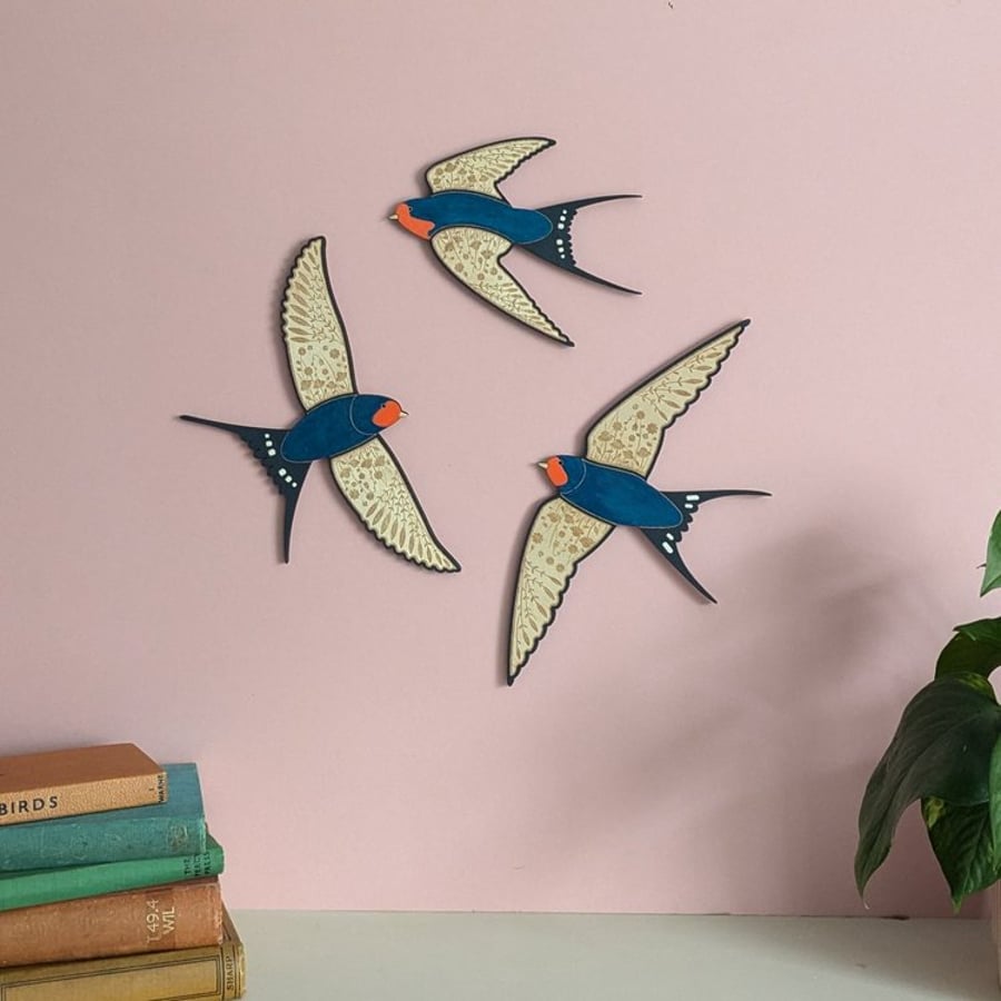Flying Wooden Wall Hanging Barn Swallows - Hand Painted 